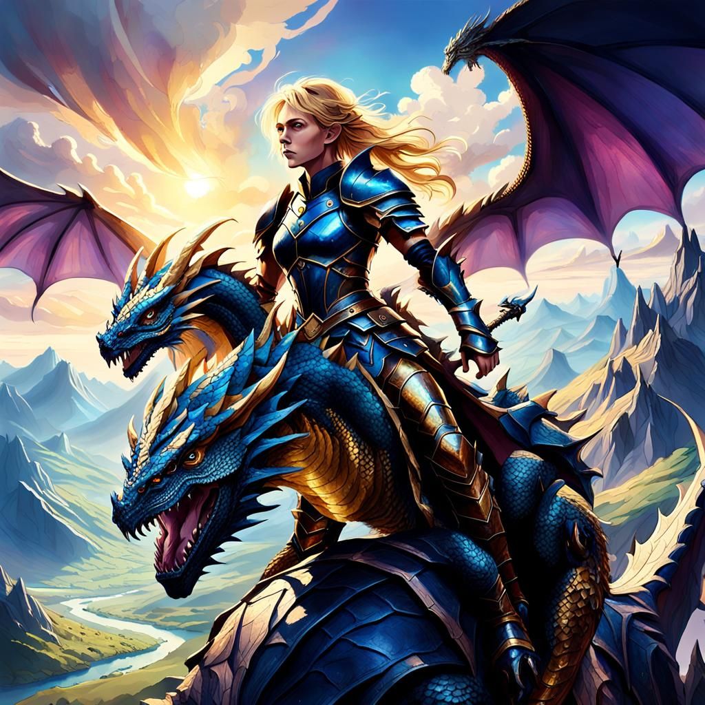 Woman Riding Dragon in Cinematic Fantasy Art