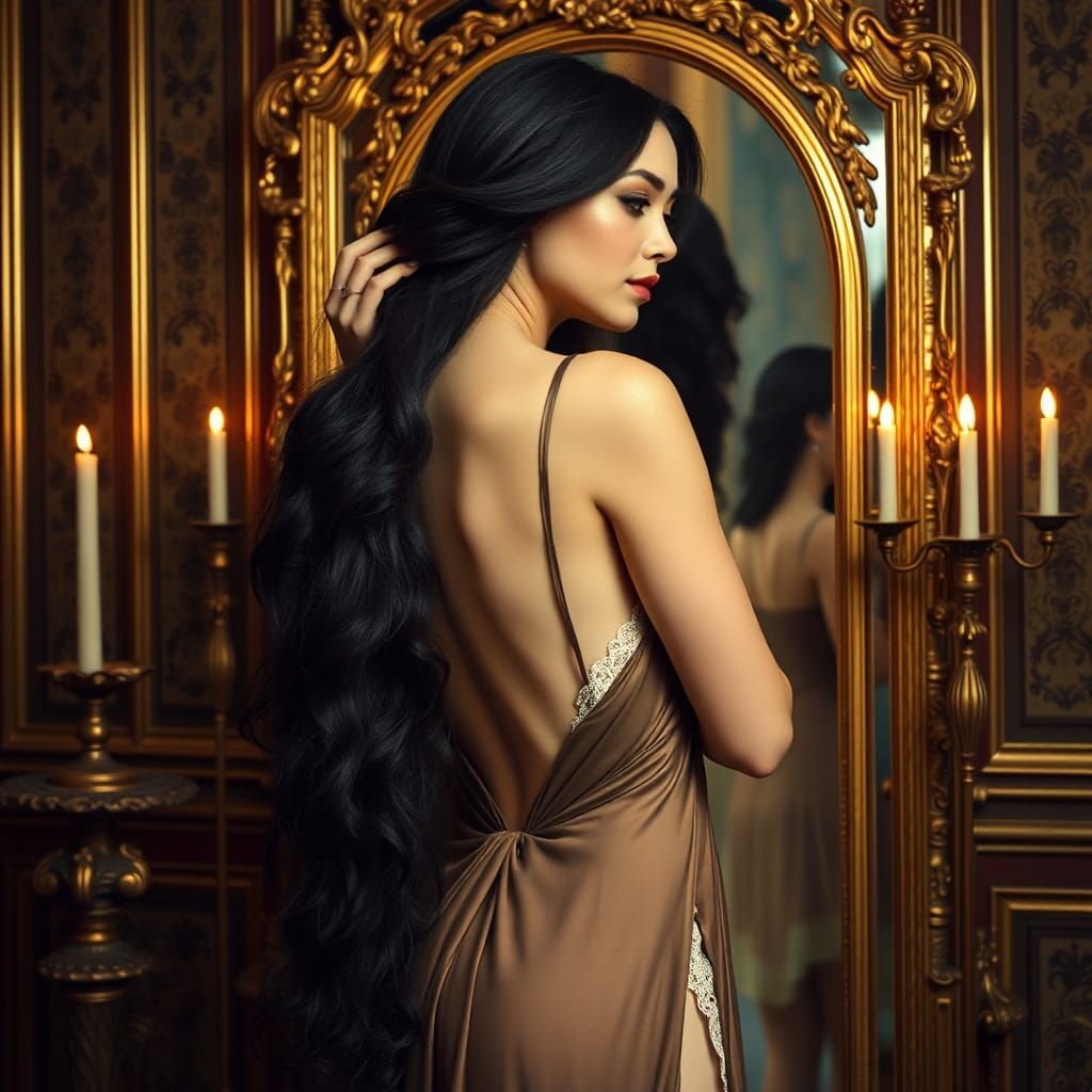 Elegant Woman in Gilded Mirror, Art Nouveau Style