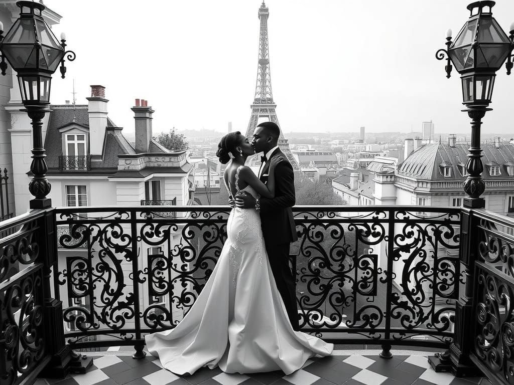 Elegant Couple on Parisian Balcony, Monochromatic with Blue ...