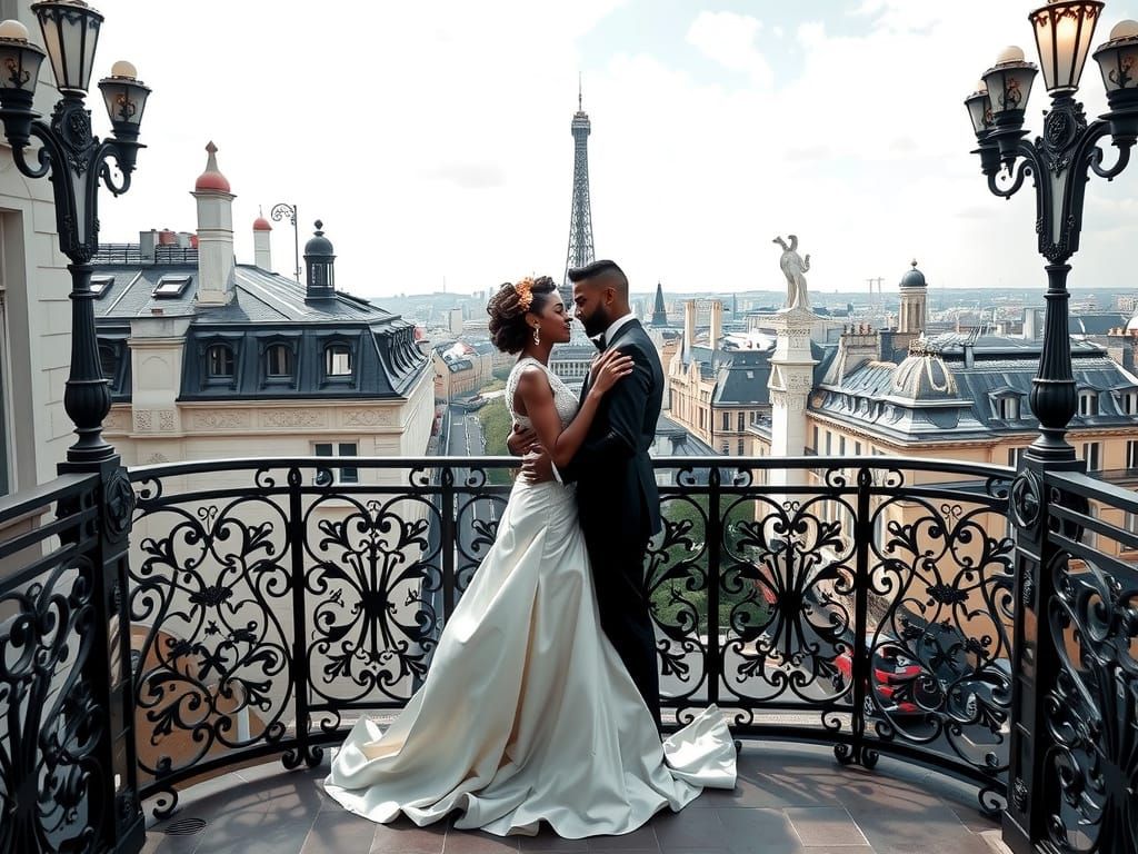 Elegant Black Couple on Parisian Balcony in Quilted Realism ...