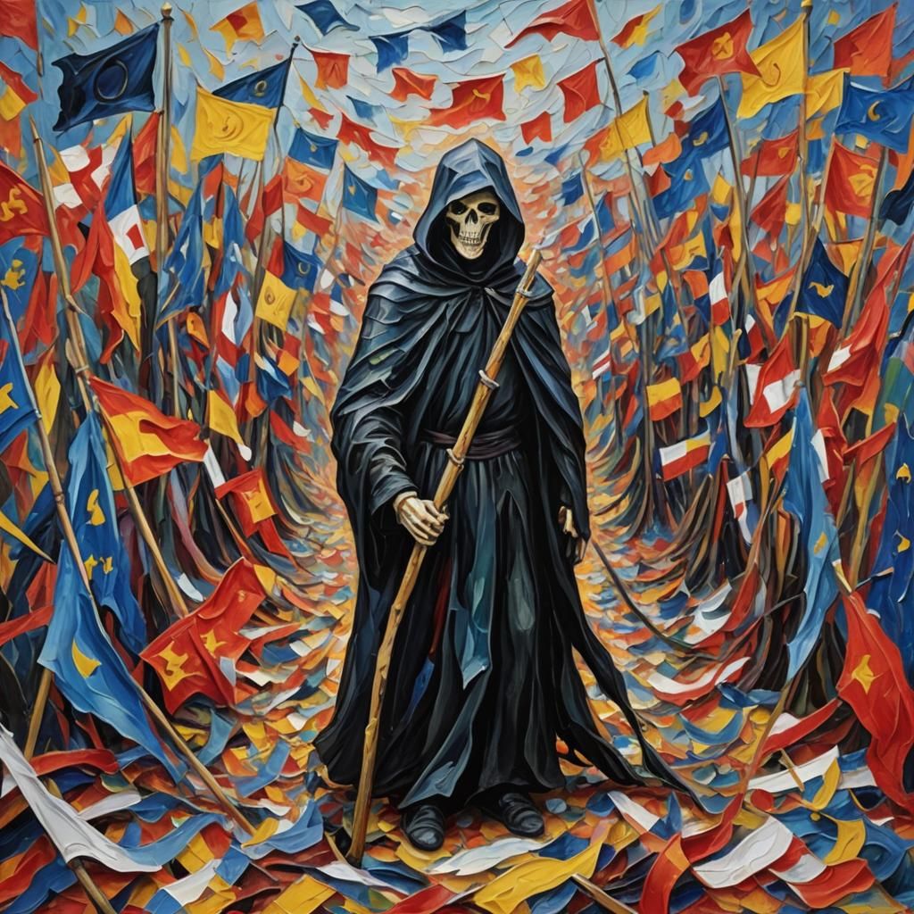 Grim Reaper Behind Flags as Impasto Oil Painting