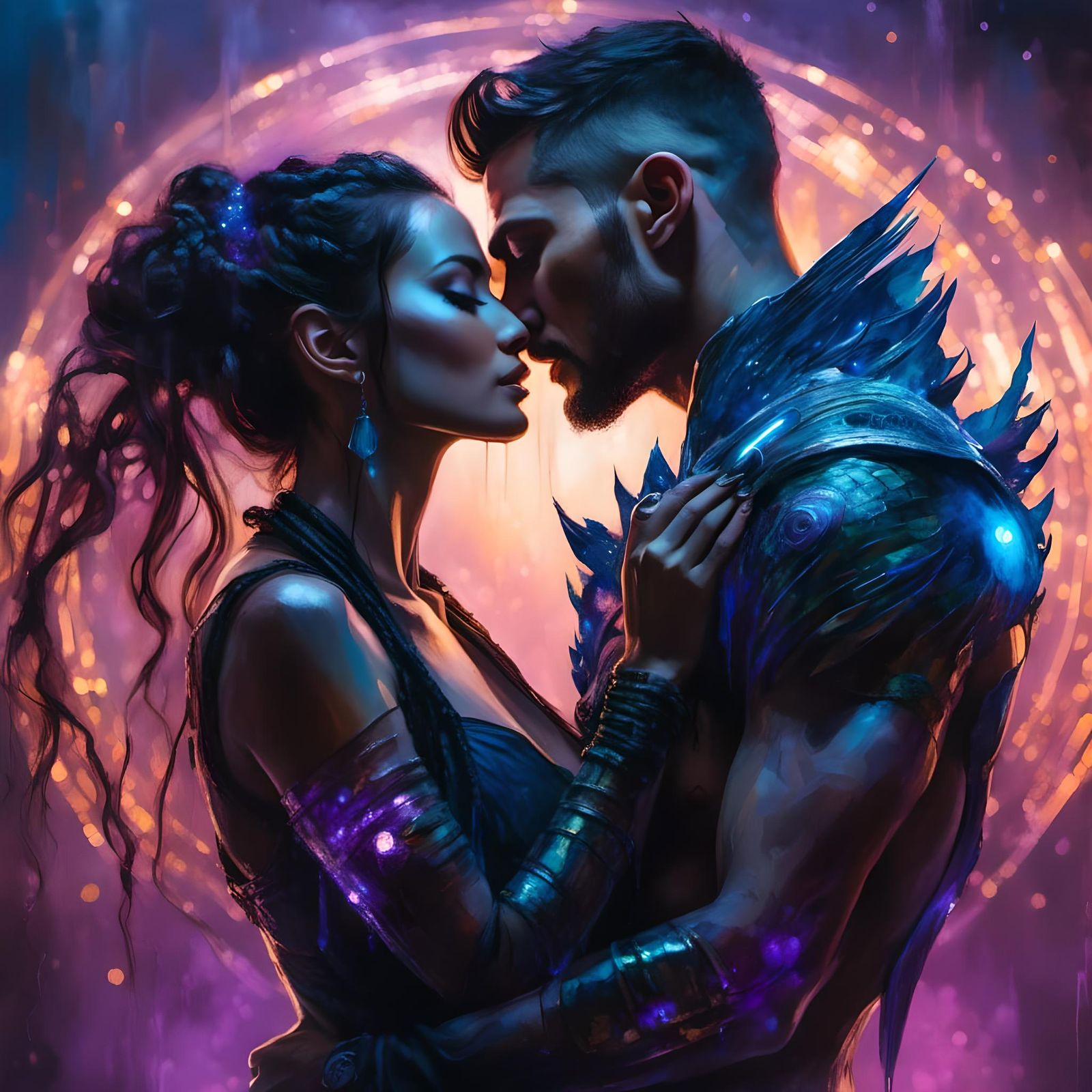 Cyborg Kissing Commander in Dystopian City