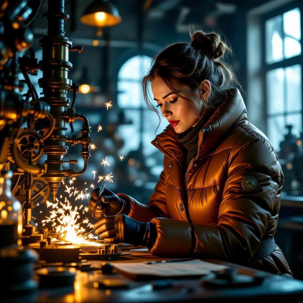 Steampunk Inventor Fine-Tunes Machine in Laboratory