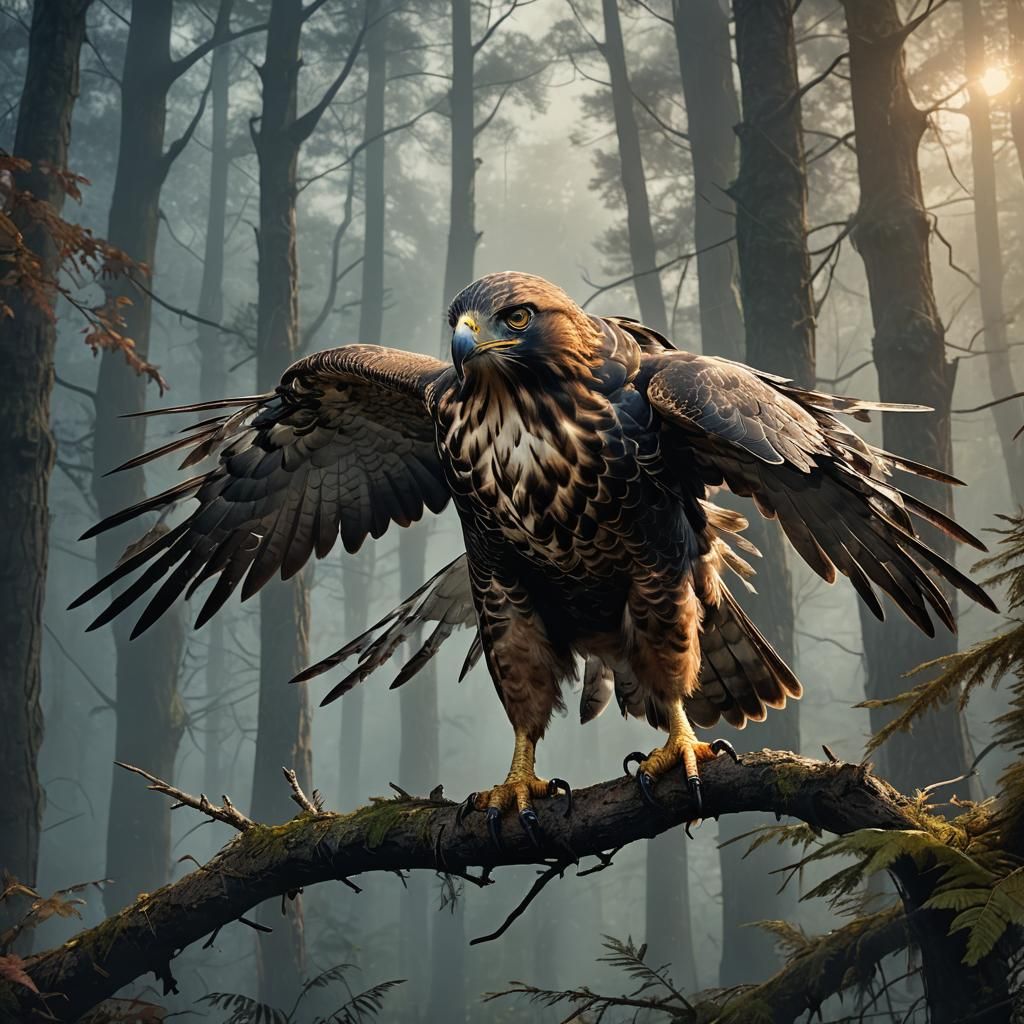 Wounded Hawk in Mystical Forest Concept Art