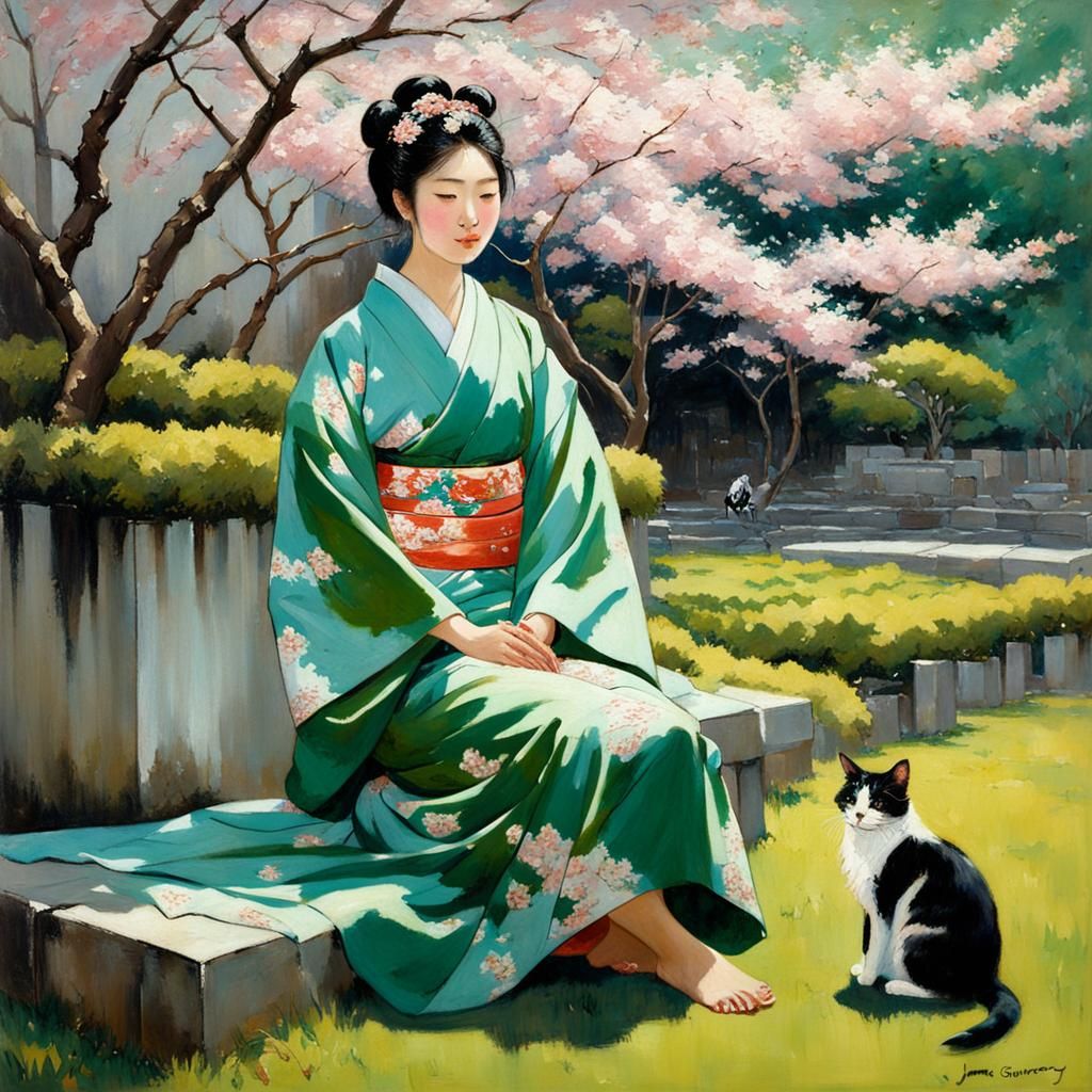 Asian Woman with Cat in Cherry Blossom Garden