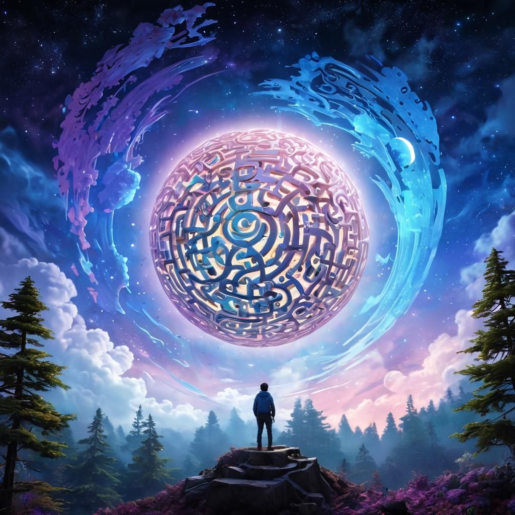 Dreamlike Fantasy Art: Moon Maze in Starry Sky