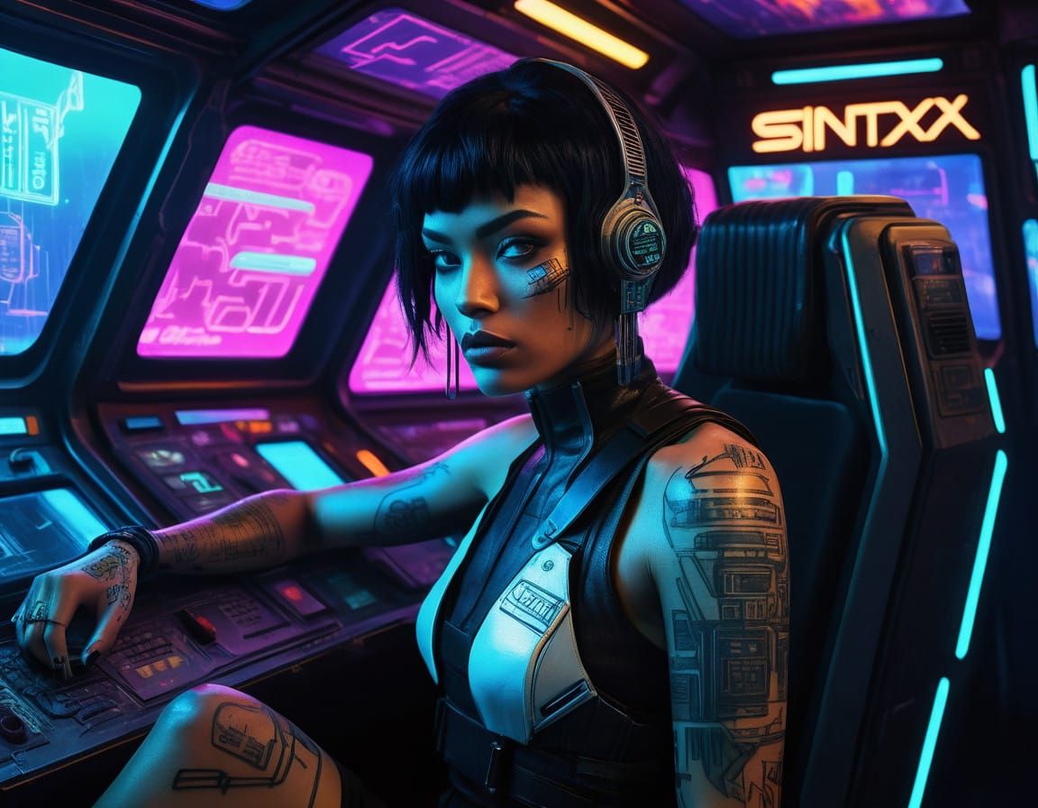 Hyper Real Cyberpunk Goddess in Neon Spacecraft