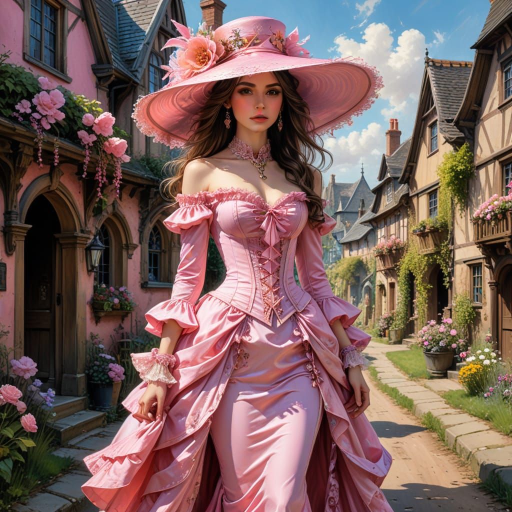 Victorian Woman in Pink Dress in English Village