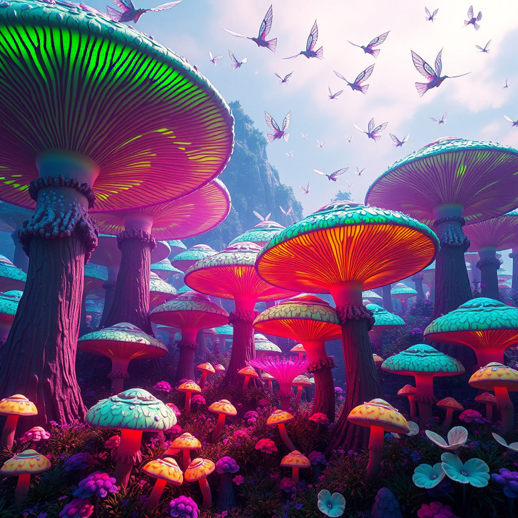 Luminescent Mushroom Forest with Magical Creatures in 3D