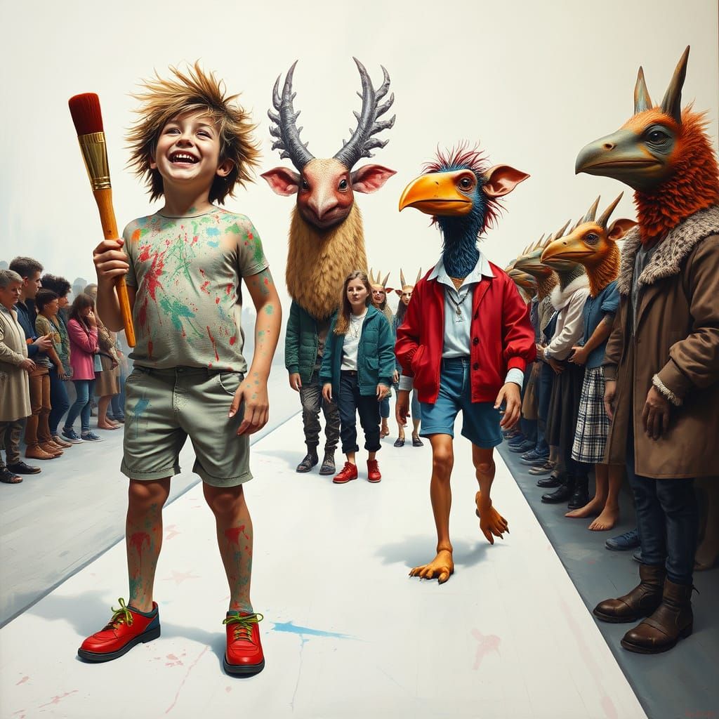 Vibrant Dürer-Inspired Painting of Kids and Whimsical Fashio...