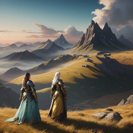Three Women in Armor on a Hill