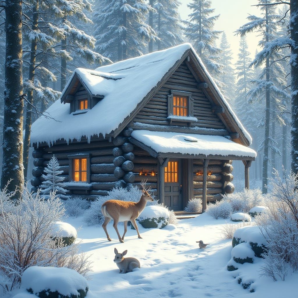 Snowy Log Cabin in Winter Wonderland Scene with Wildlife