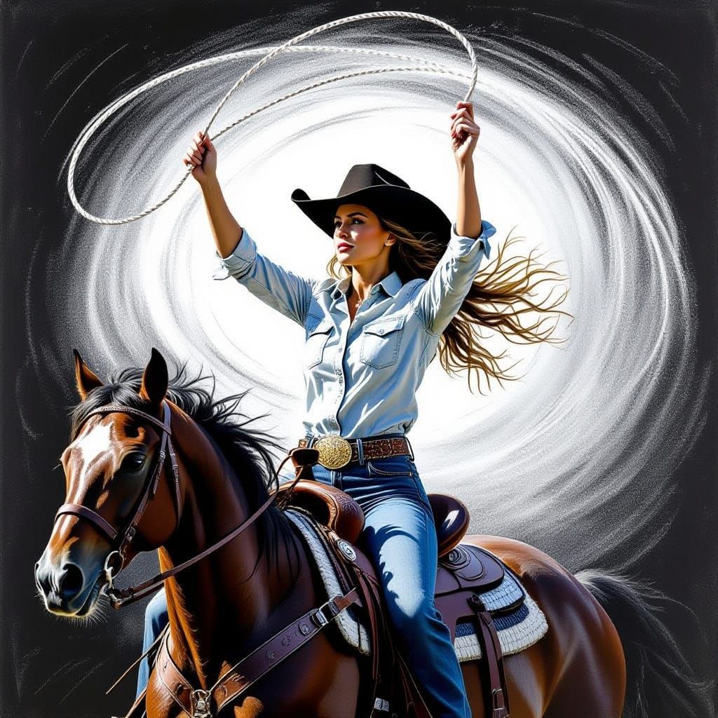 Cowgirl Spinning Lasso on Horseback in Chalk Art Style
