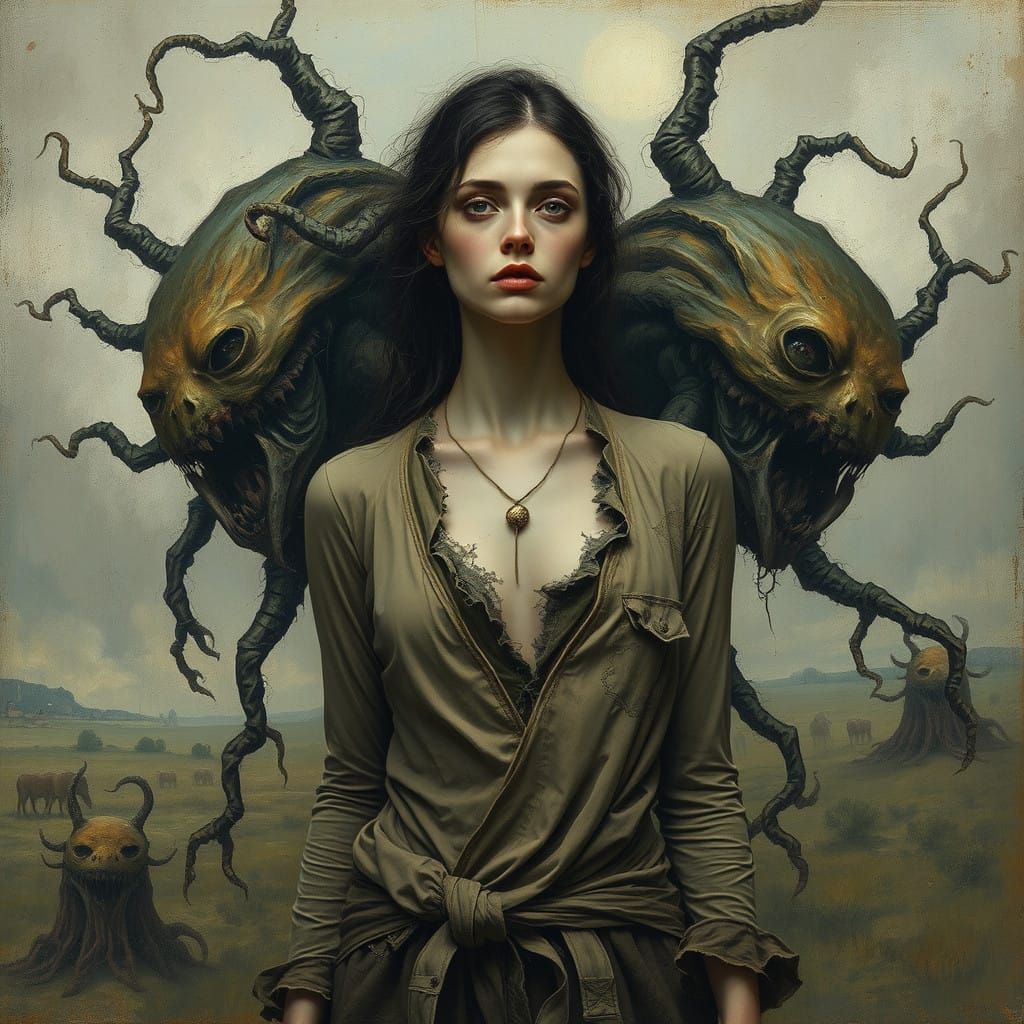 Surrealist Woman Adrift in a Haunting Landscape