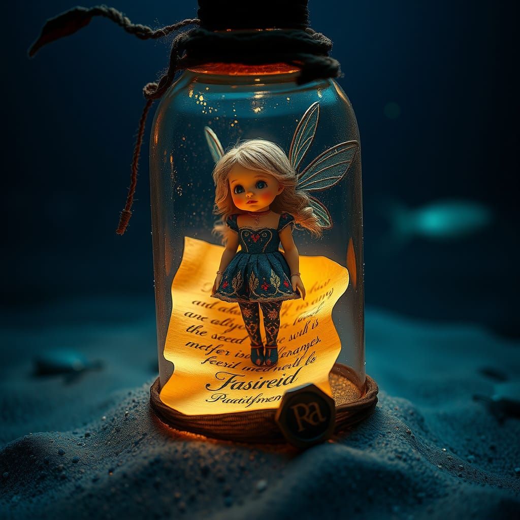 Fairy in a Bottle Lost at Sea: Hyperrealistic Rendering