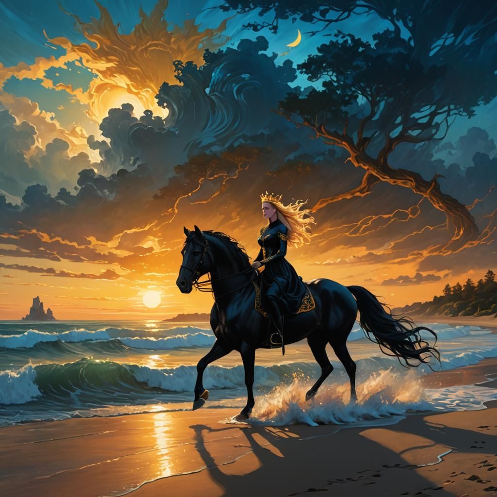 Gothic Girl Riding Horse at Sunset: Van Gogh, Dali, Miro Sty...