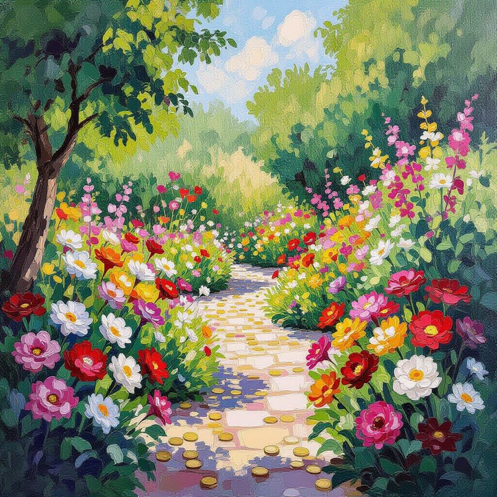Money Flower Garden Blooms in Vibrant Impressionist Style