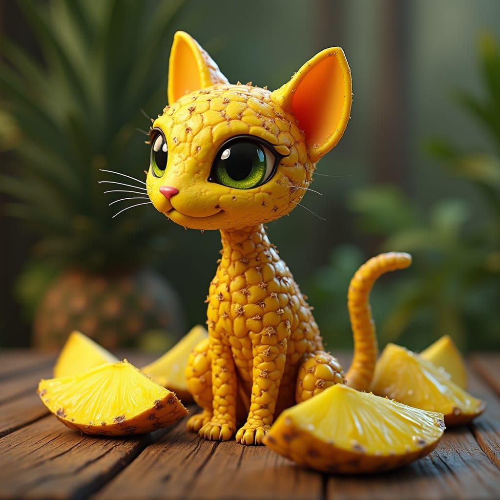 Whimsical Feline Made of Pineapple Skin in Dreamlike Setting
