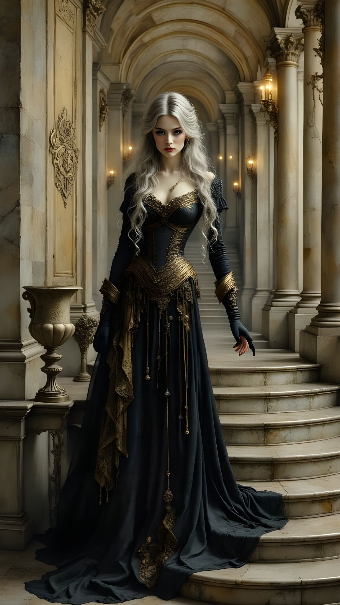 Mature Woman in Flowing Dress on Marble Stairs