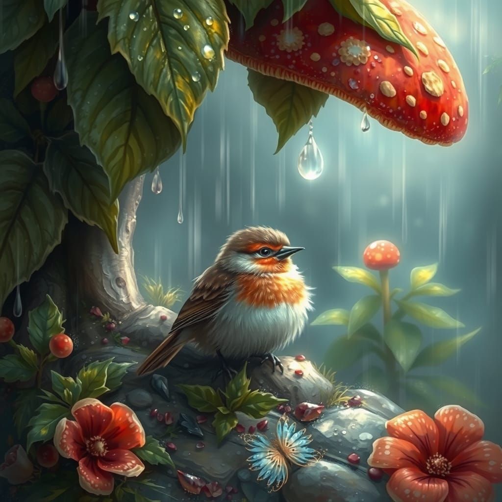 Ethereal Fantasy Sparrow Finds Refuge Under Leaves