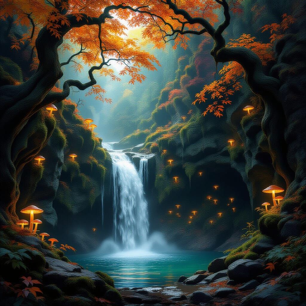 Enchanted Waterfall Grotto in Autumn Light