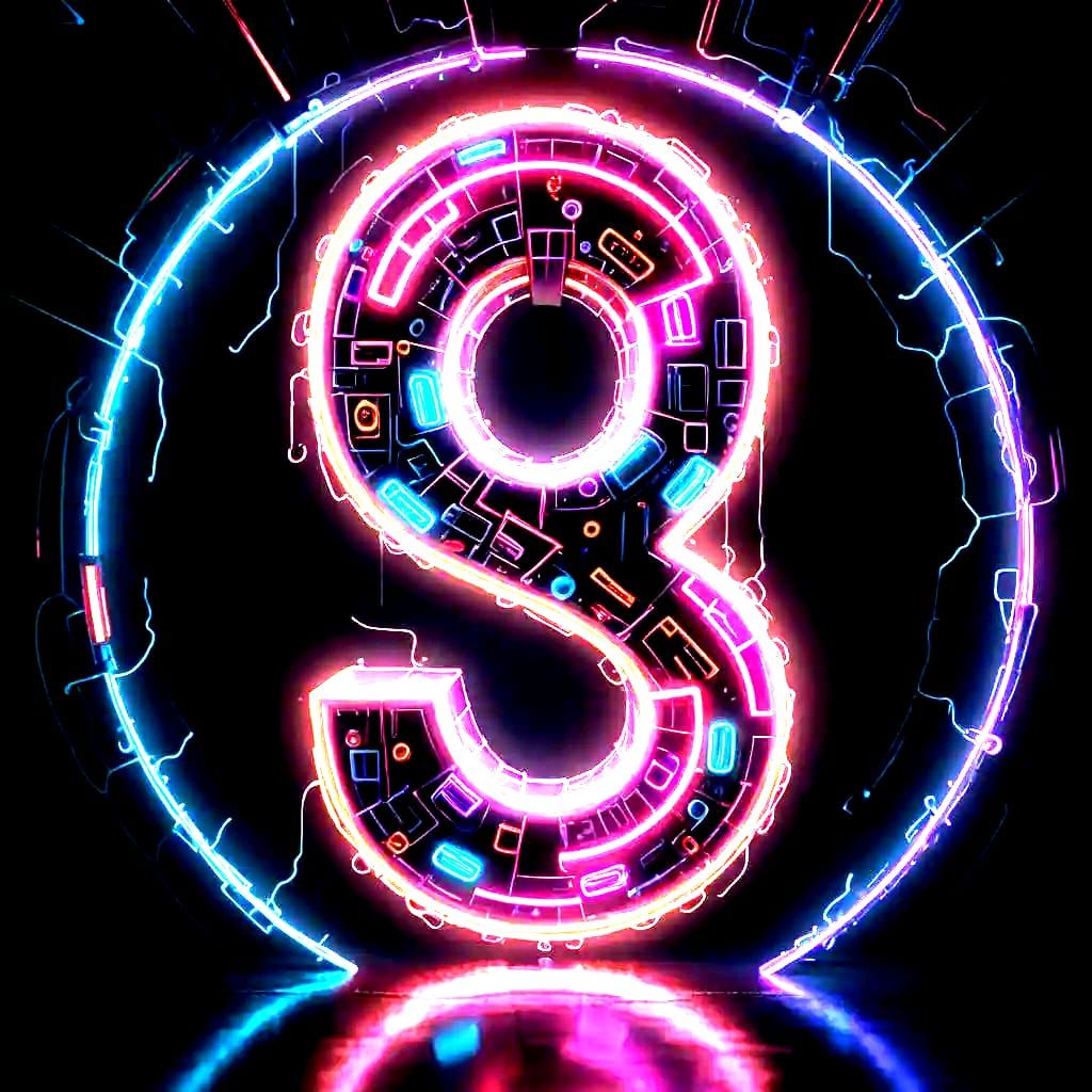 Glowing Neon Number 8 in Dark Digital Space