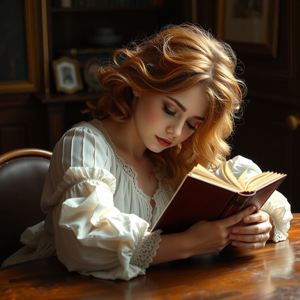 Dreamy Bookworm in Elegant Attire
