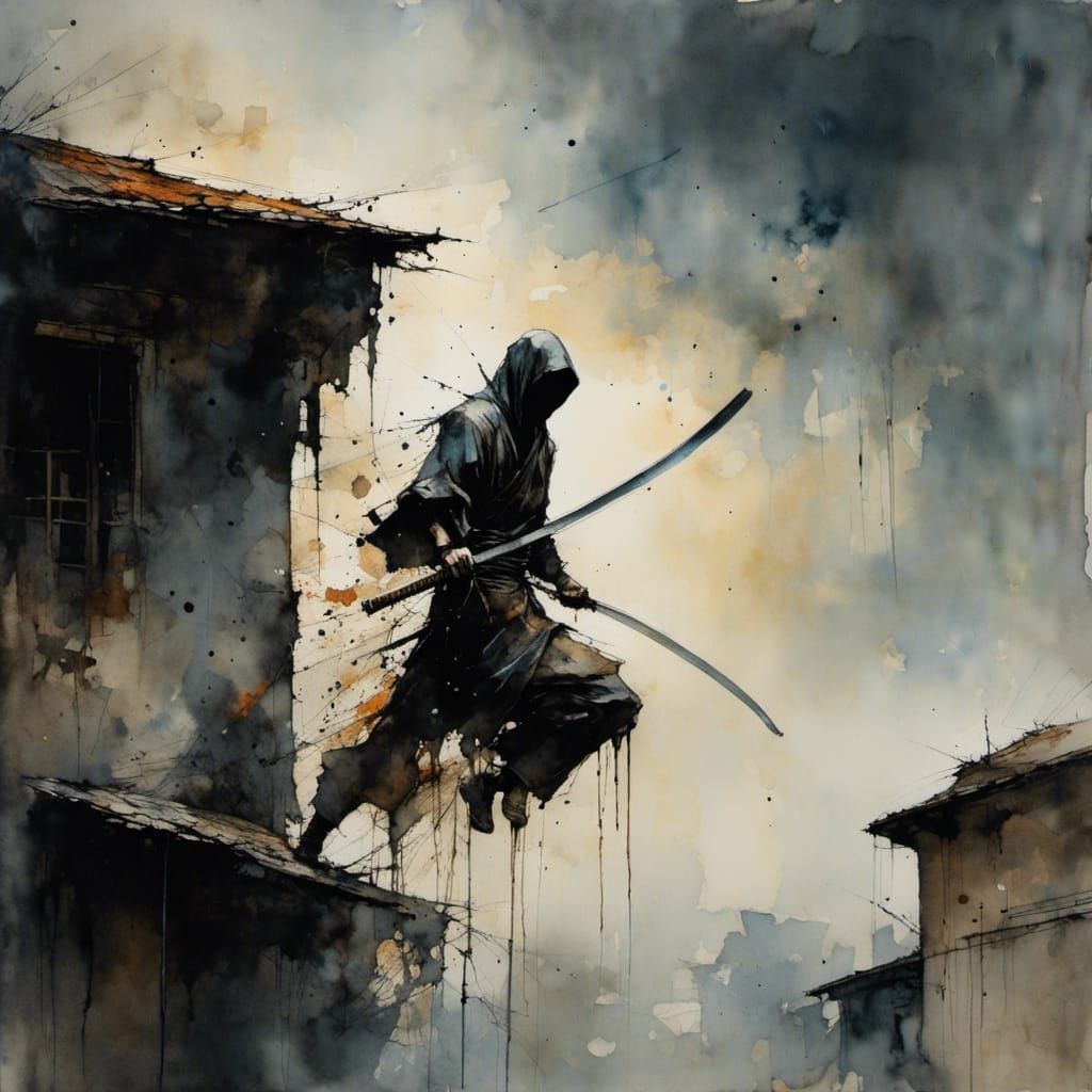 Ninja Leaping off Roof with Katana in Action Shot