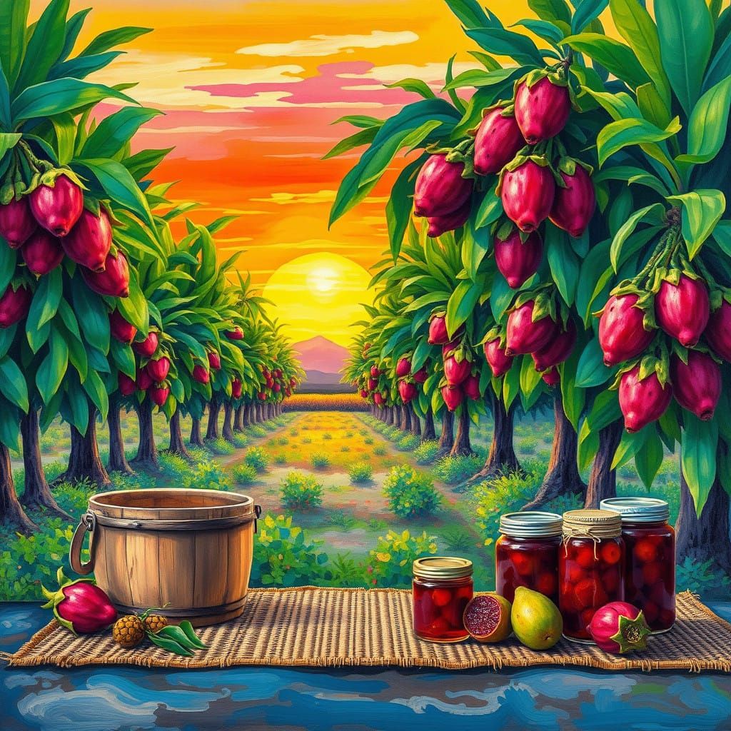 Vibrant Dragon Fruit Farm at Sunset in Impressionist Style
