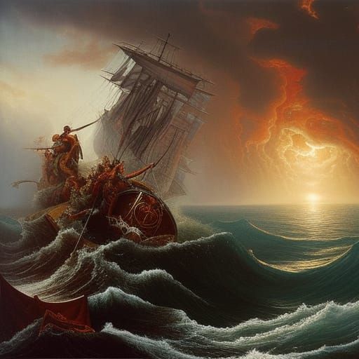 Poseidon's Attack on Medusa: Hyperrealistic Ocean Horror