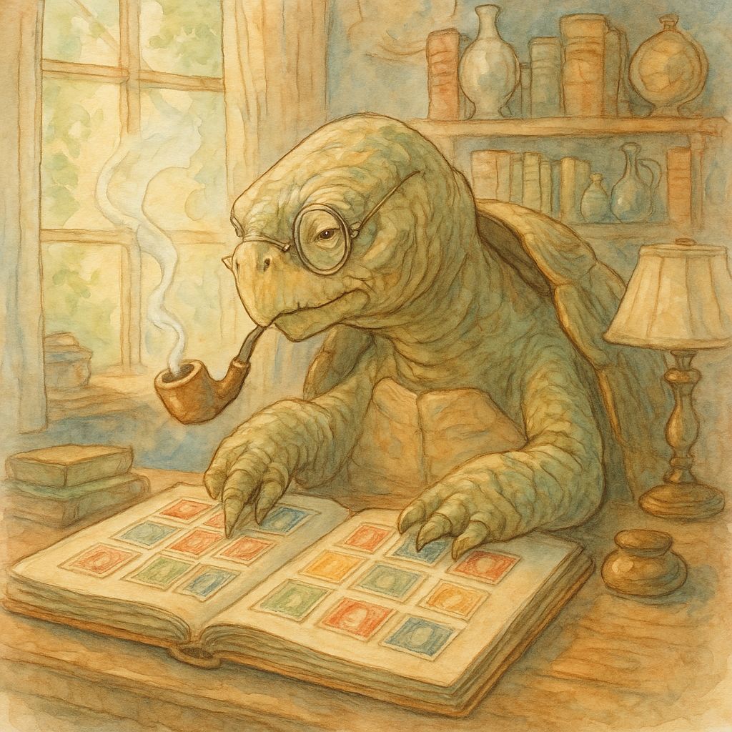 Tortoise Stamp Collector in Watercolor Style