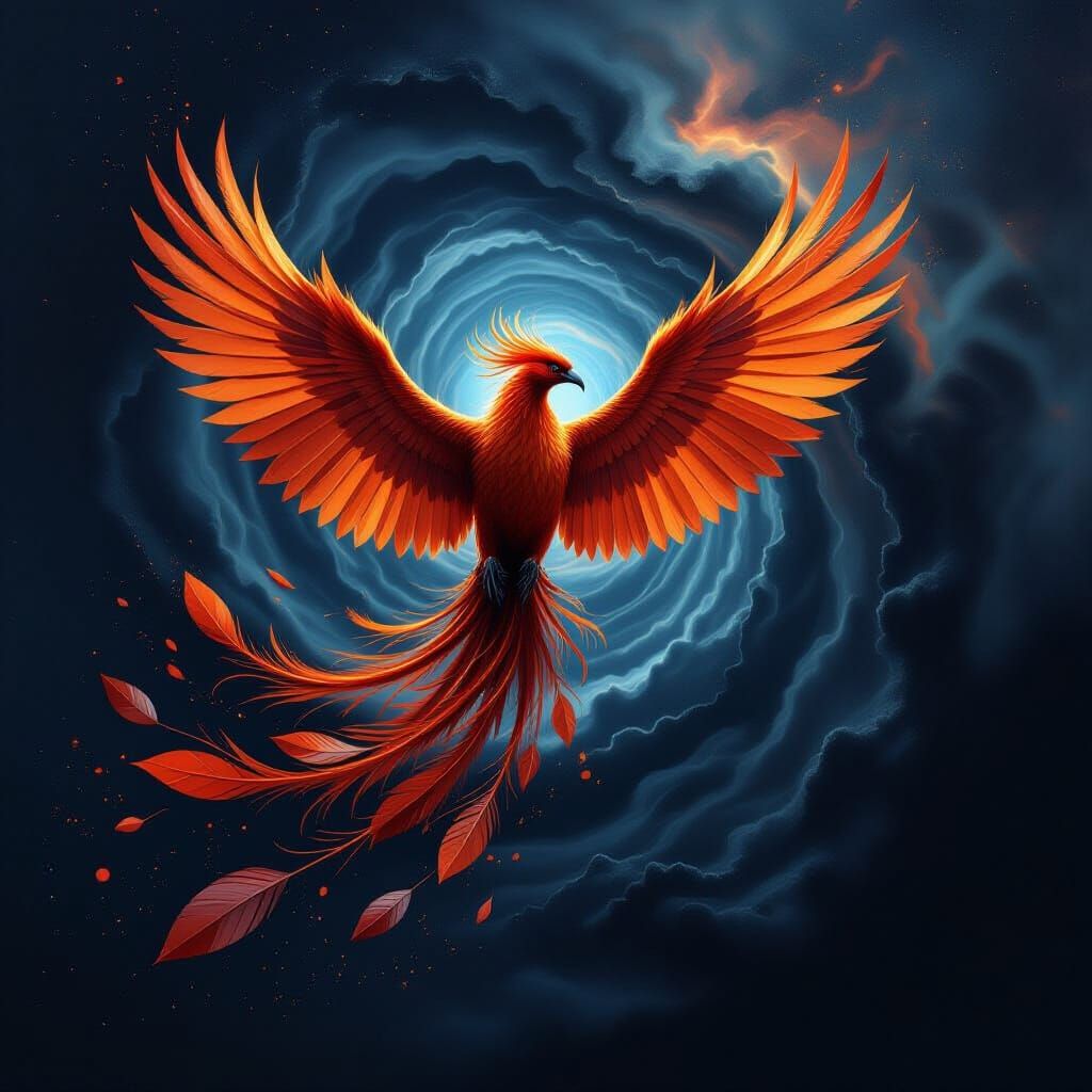 Phoenix Rises from Ink Vortex in Cosmic Nebula
