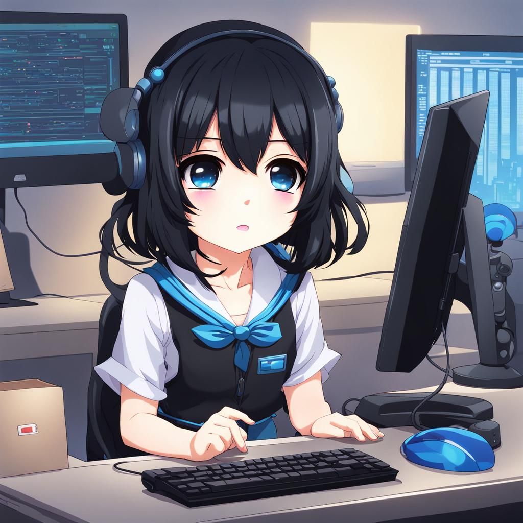 Chibi Girl at Computer in Anime Style