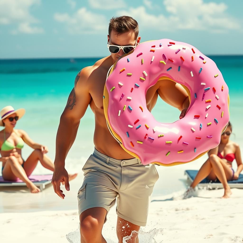 Confident Man on Beach with Donut Life Preserver