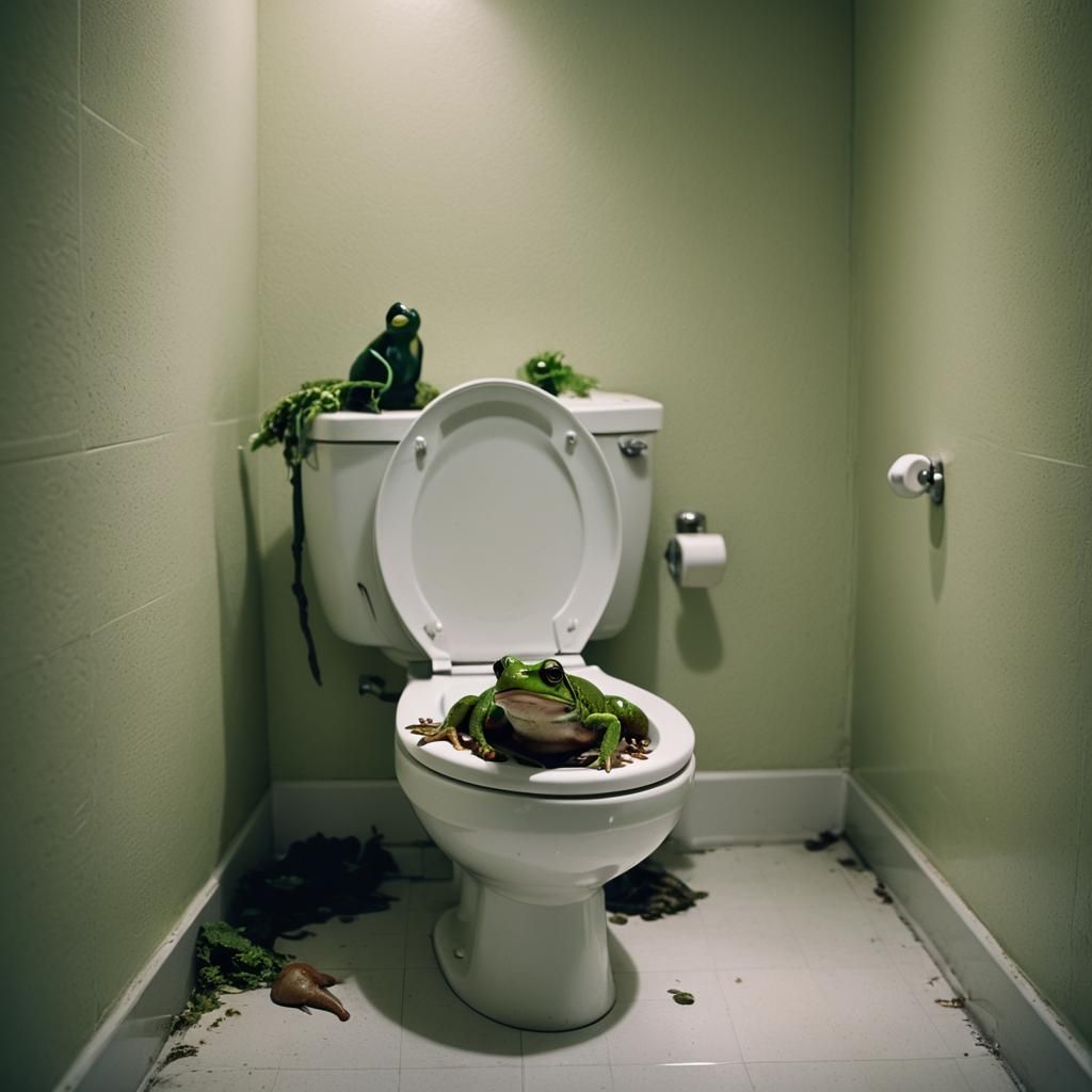 Frog on Toilet: Cinematic Film Still