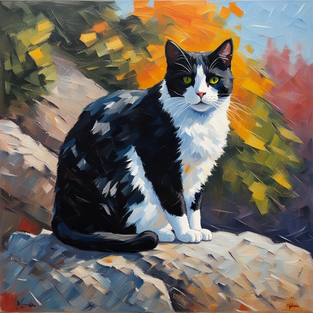 Proud Tuxedo Cat on Rock: Palette Knife Art