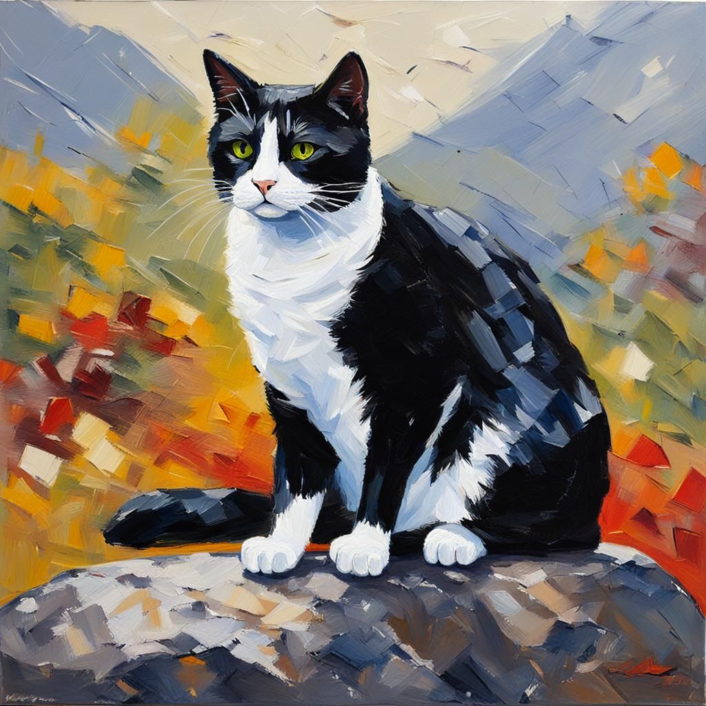 Proud Tuxedo Cat with Palette Knife Texture