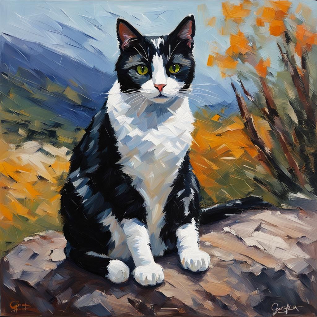 Proud Tuxedo Cat on Rock with Palette Knife