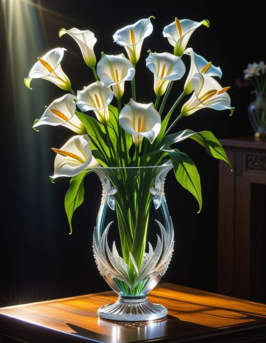 Crystal Vase with Glass Lilies in Sunlight
