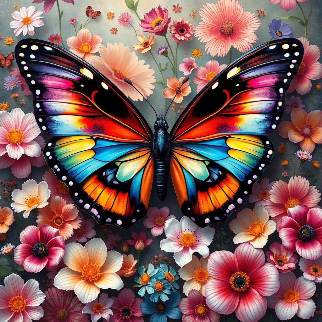 Majestic Butterfly in a Tonalist Floral Kaleidoscope