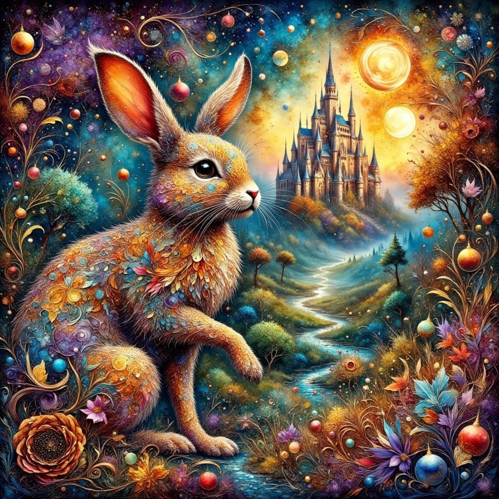 Magical Bunny Portrait at Fairytale Castle, Klimt Watercolor