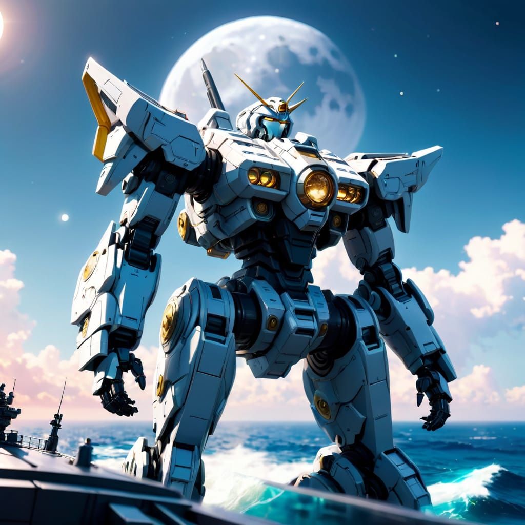 Anime Mecha on Futuristic Ship Over Ocean