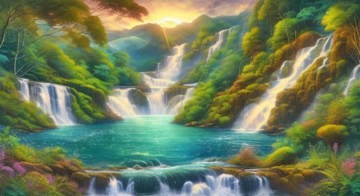 Tropical Paradise: Mountain Waterfall in Watercolor Style