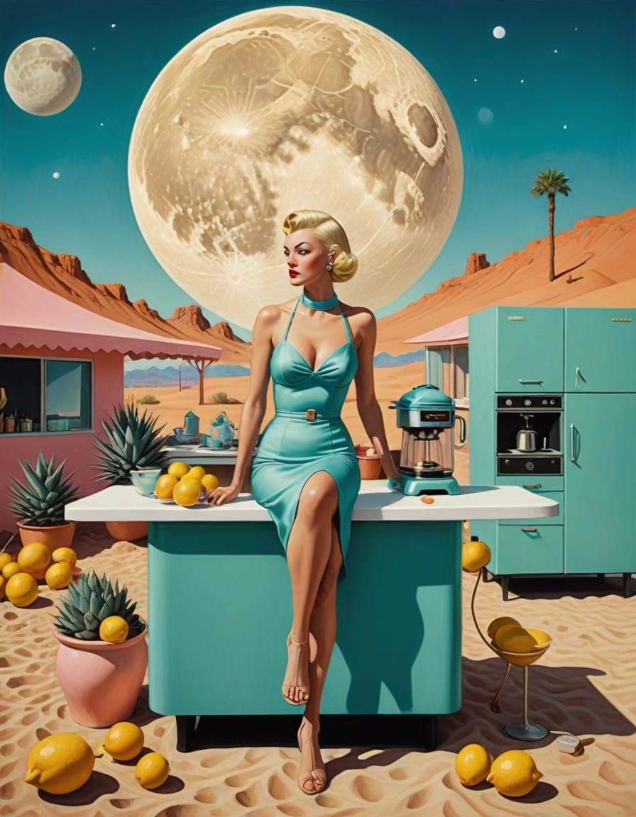 Surreal Desert Kitchen with Retro Woman, in Pop Art Style