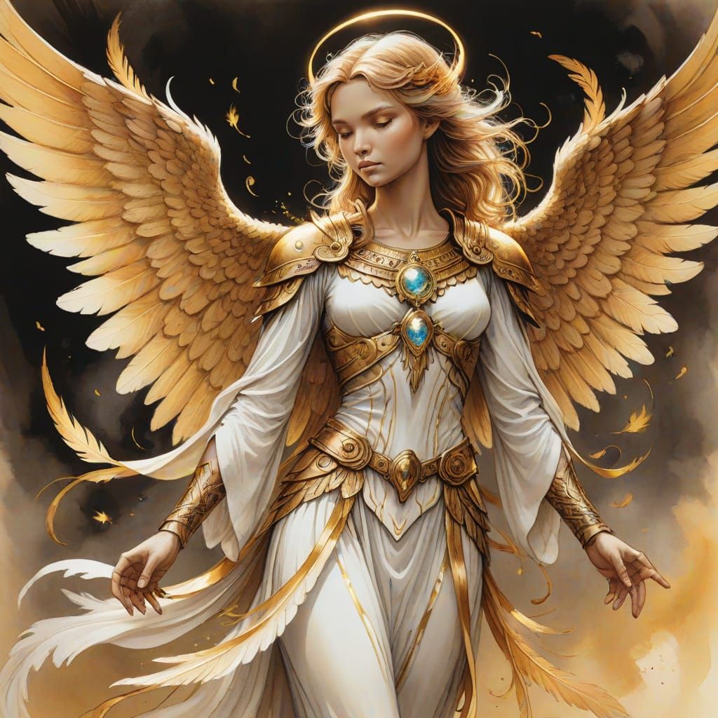 Powerful Angel with Wings in Ink Painting Style