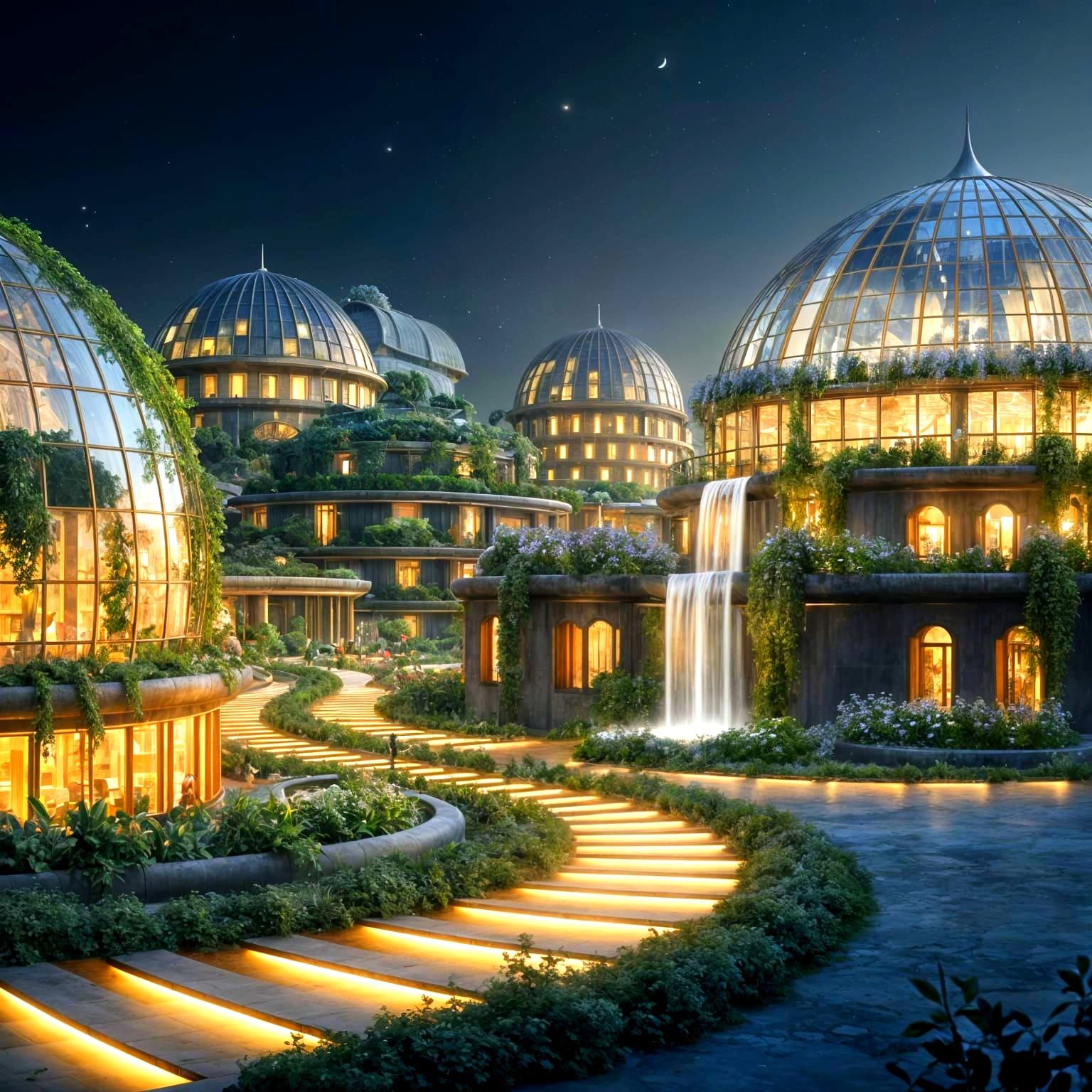 Glowing Lunar Solarpunk Metropolis with Elegant Green Archit...