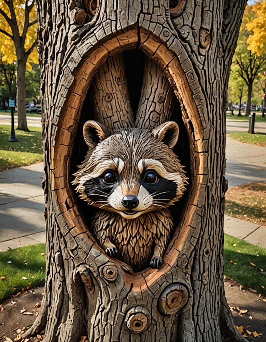 Raccoon Carving on Tree Trunk in Park