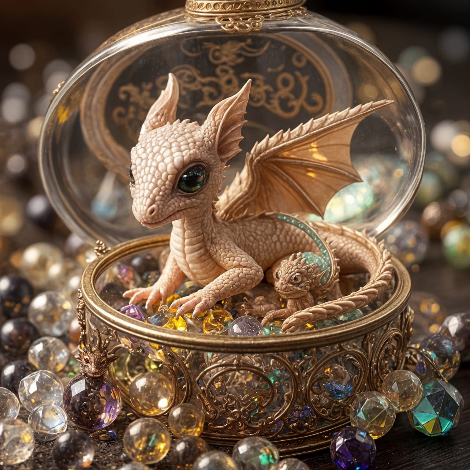 Miniature Baby Dragon Guards Treasure Trove in Glass Jewelry...