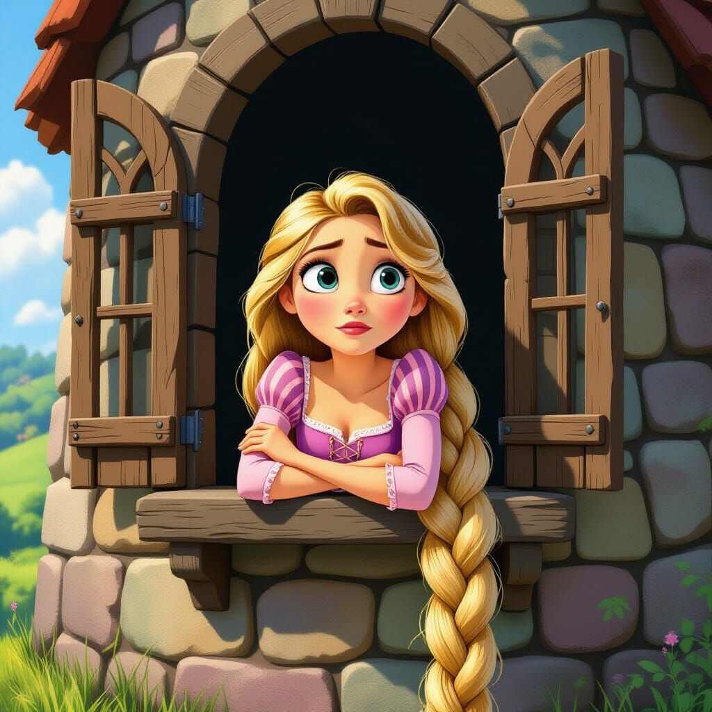 Disney's Rapunzel slightly leaning out of her tower window with her arms crossed and resting on the window sill