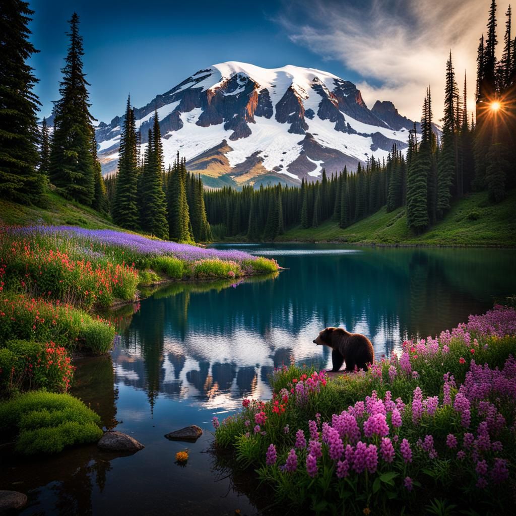 Mount Rainier Landscape with Bear and Wildflowers